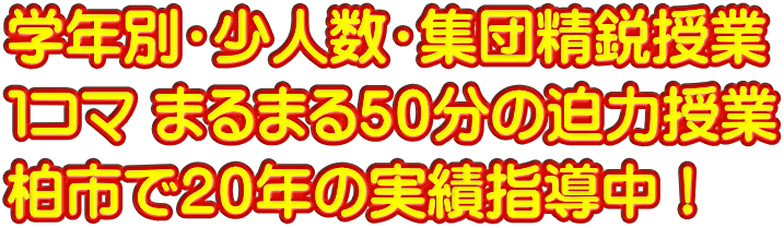 学年別・少人数・集団精鋭授業 １コマ まるまる５０分の迫力授業 柏市で２０年の実績指導中！
